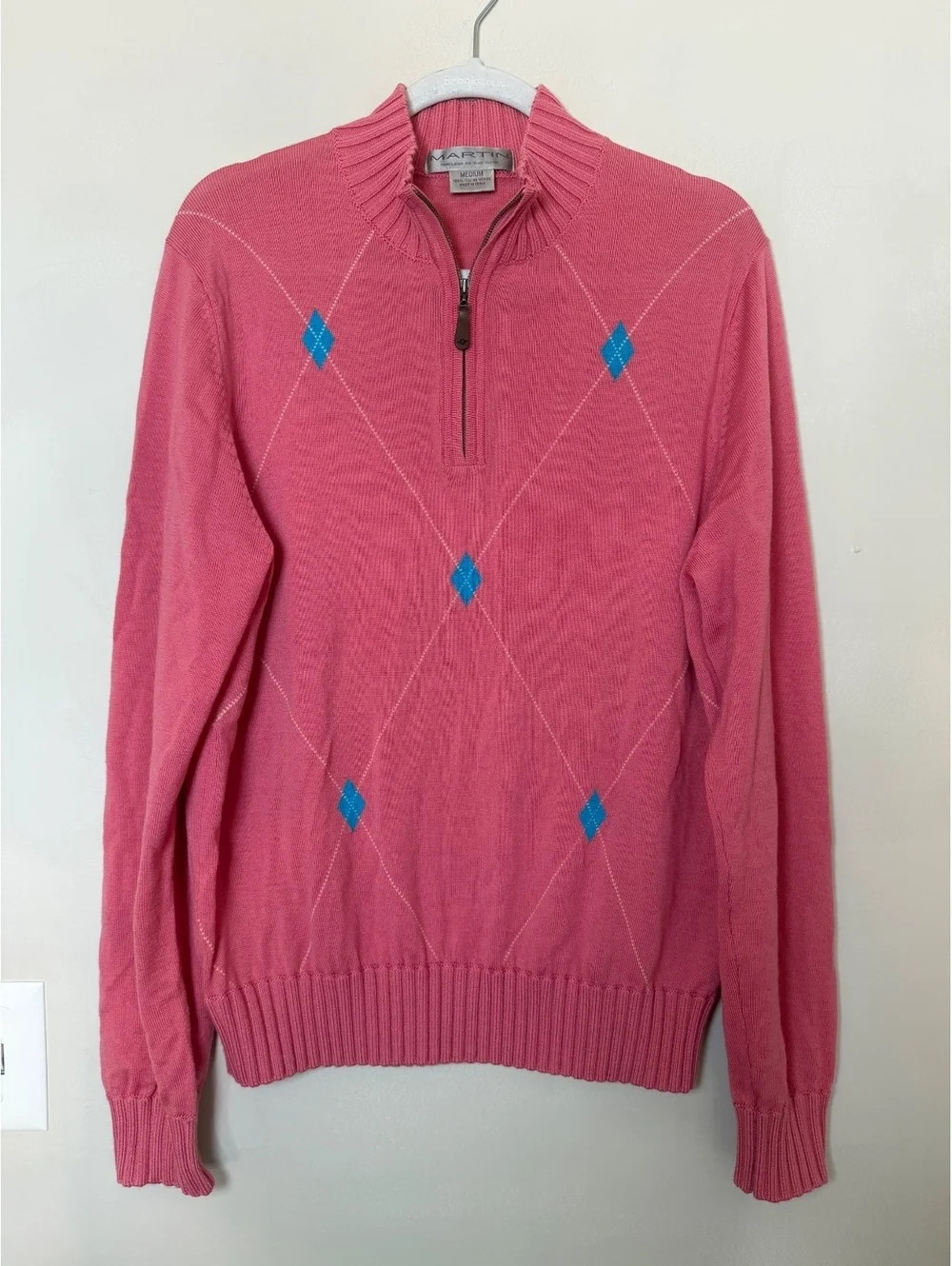 Martin Mens Pink 1/4-Zip Argyle Golf Sweater. 100% Italian Merino Wool. Medium